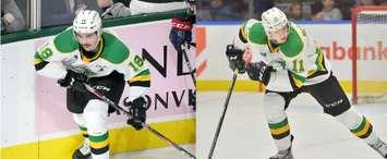 Liam Foudy and Connor McMichael of the London Knights. (Photo courtesy of Terry Wilson and Luke Durda via OHL Images)