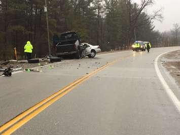 The scene of a crash on Longwoods Rd. (Hwy. 2). January 3, 2017. (Photo courtesy of OPP via Twitter)