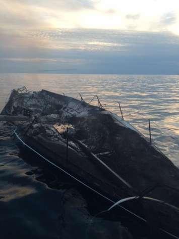 Boat catches fire and sinks in Lake Erie. Photo courtesy of OPP. 