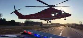 Air ambulance arrives at the scene of a multi-vehicle crash on the Hwy. 402 near Strathroy. December 6, 2017. (Photo courtesy of OPP via @OPP_WR on Twitter)