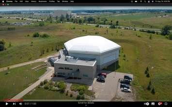 Aerial view of the wind dome at WindEEE Research Institute. 2535 Advanced Avenue. (Photo captured via Western University YouTube channel.)