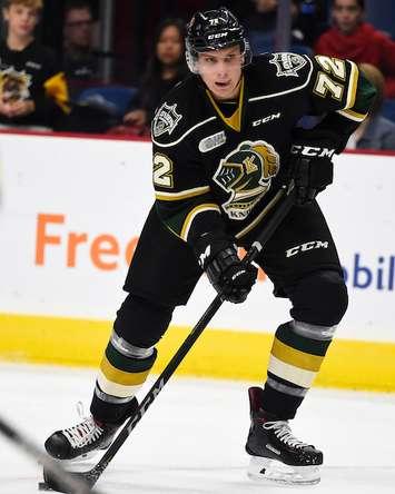 Alec Regula of the London Knights. (Photo courtesy of Aaron Bell via OHL Images)