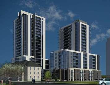 A rendering of the proposed apartment towers at 391 South St. Photo courtesy of the City of London.