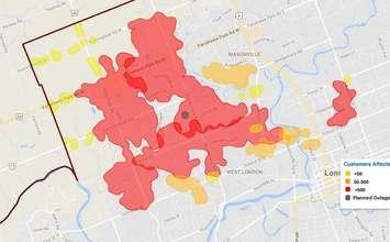 Screen shot of London Hydro outage map showing thousands of customers affected by power outage. August 10, 2017.
