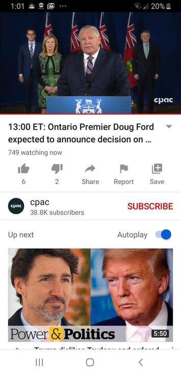 Ontario Premier Doug Ford addresses the media from Queens Park in Toronto, accompanied by Labour Minister Monte McNaughton, from left, Health Minister Christine Elliott, and Finance Minister Rod Phillips, June 22, 2020. Image courtesy YouTube/CPAC.
