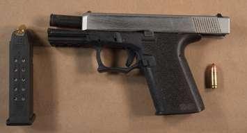 A firearm seized by London police during the arrest of four men on Marconi Blvd, June 13, 2022. Photo courtesy of London police. 