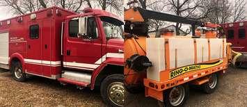 A decommissioned fire truck and trailer were stolen from a London compound, March 12, 2020. Photo courtesy of London police.