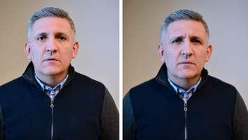 The photo on the right of researcher Julio Martinez-Trujillo includes wrinkles around the eyes -- a feature called the Duchenne marker that researchers have found to make emotions appear more sincere. (Photo courtesy of Western University)