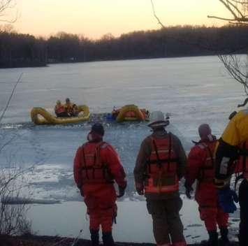 Crews search for a missing man in the pond at Waterford North Conservation Area in Norfolk County, Ontario on Feb 18, 2017.  (Photo courtesy of Ontario Provincial Police)