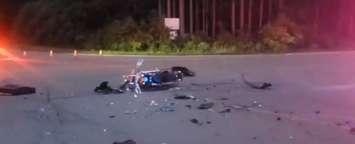 Police respond to a crash involving a motorcycle on McDowell Road East at Charlotteville Quarter Line in Norfolk County, July 8, 2019. (Photo courtesy of the OPP via Twitter)