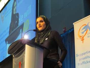 Najwa Zebian delivers the keynote address at the London Abused Women's Centre's International Women's Day Breakfast and Auction, March 9, 2018. (Photo by Miranda Chant, Blackburn News) 