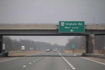 Graham Rd. exit sign on the Hwy. 401. (File photo by Matt Weverink, Blackburn News)