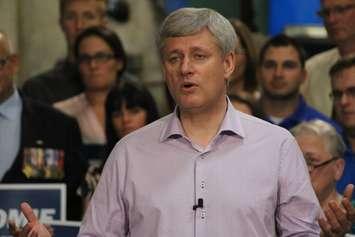 Conservative Leader Stephen Harper makes a campaign stop during the 2015 federal election at Windsor's Anchor Danly on September 20, 2015. (Photo by Ricardo Veneza)