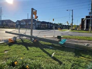 Hydro poles and traffic lights knocked down during an early morning crash on Oxford St. W at Riverbend Rd. September 29, 2021. (Image posted by Reddit User: Jaymesned via Imgur) 