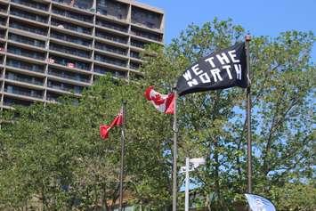 A We the North flag flies in support of the Toronto Raptors at Charles Clark Square, Windsor, June 11, 2019. Photo by Mark Brown/Blackburn News.