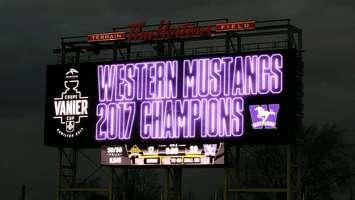 The videoboard at Tim Hortons Field in Hamilton announcing the Western Mustangs' Vanier Cup win. Photo courtesy of Jake McKenzie.