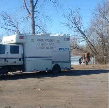 A unit from the Norfolk County OPP's underwater recovery unit sits not far from where a man and a boy fell through ice at Waterford North Conservation Area on Feb 19, 2017 (Photo courtesy of Norfolk County OPP)
