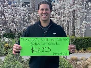 Brandon Prust announcing how much money his community challenge has raised for families of sick kids, May 2020. Photo courtesy of the Children’s Health Foundation.