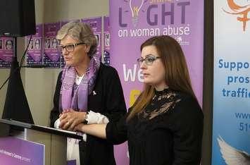 LAWC Executive Director Megan Walker and abuse survivor Shainee Chalk at the launch of the 2018 Shine the Light campaign, October 19, 2018. (Photo by Miranda Chant, Blackburn News)