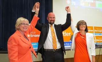 London West MPP Peggy Sattler, London North Centre MPP Terence Kernaghan, and London Fanshawe MPP Teresa Armstrong celebrate their election victory at the London Ukrainian Centre on Adelaide St., June 7, 2018. (Photo by Miranda Chant, Blackburn News) 