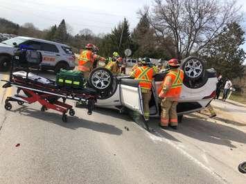 The London Fire Department assisting with an extrication after a vehicle flipped during a crash in west London. March 25, 2021. (Photo supplied by @LdnOntFire on Twitter.