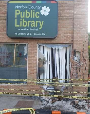 Damage to the Norfolk Public Library after it was struck by a vehicle. Photo courtesy of OPP.