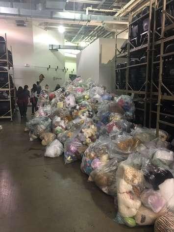 Stuffed animals are bagged and ready to be hauled away during the London Knights' annual Teddy Bear game at Budweiser Gardens on Dec 4, 2016 (Photo courtesy of Sam Miletic's Twitter account)