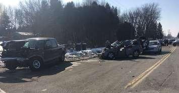 A multi-vehicle crash on Longwoods Rd. at Carriage Rd., near Delaware, February 14, 2018. Photo courtesy of OPP.