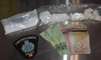 Cocaine, methamphetamine, and cash seized by Strathroy Caradoc police in a raid at a home on Richmond Street, February 12, 2020. Photo courtesy of Strathroy Caradoc police.
