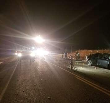 Police conduct an investigation following a fatal crash on Hamilton Road near Putnam, February 12, 2020. (Photo courtesy of the OPP via Twitter)