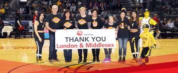 Members of the United Way announce the 2016 campaign results during a London Lightning game at Budweiser Gardens, March 20, 2017. Photo from @unitedwaylm via Twitter.