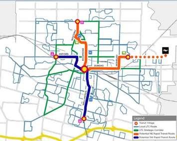 Drawing of proposed rapid transit routes from www.london.ca