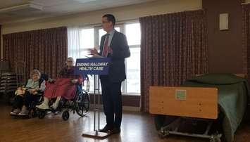 Infrastructure Minister Monte McNaughton announces new local long-term care beds at Sprucedale Care Centre in Strathroy, April 23, 2019. Photo from Twitter @MonteMcNaughton 