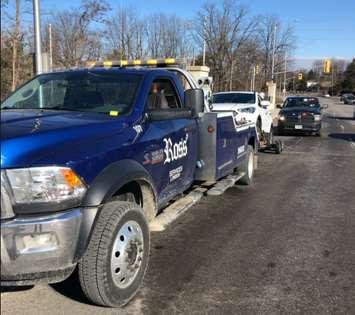 A vehicle clocked doing more than double the speed limit on Western Road is towed from the scene, March 18, 2019. Photo courtesy of London police.