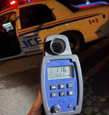 London police say they clocked a vehicle travelling 116 km/h in a posted 60 km/h zone on Commissioners Road, July 16, 2021. Photo courtesy of London police. 