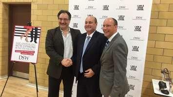 Vito Frijia with Southside Group, Bruce Dinan of Towne Shoes and Mayor Matt Brown announce plans for a new 23,000 sq. ft. Designer Shoe Warehouse in London. May 27, 2015. 