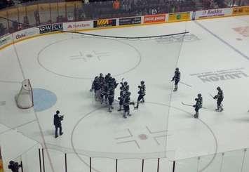 The London Knights celebrate their 3-1 win against the Windsor Spitfires at the WFCU Centre on November 10, 2013.