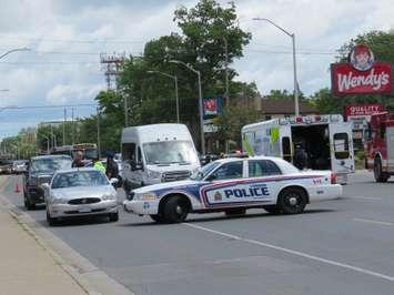 A pedestrian was hit by a vehicle on Oxford St., east of Richmond St., June 27, 2017. (Photo by Miranda Chant, Blackburn News)