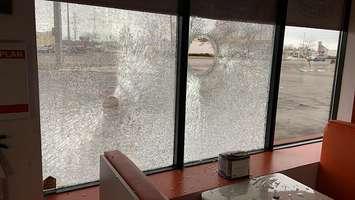 Damage to windows at Shelby’s Food Express on Exeter Road, February 4, 2020. Photo from Shelby’s Food Express/Facebook.