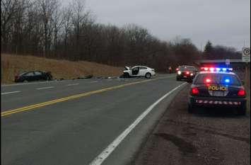 Photo of two cars involved in a head-on crash on the Hwy. 3 bypass on Feb. 4, 2016. Photo from @OPP_COMM_WR