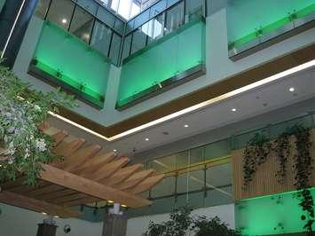 LHSC lights  Victoria Hospital's atrium green for National Injury Prevention Day, July 5, 2017. Photo courtesy of Bärbel Hatje, LHSC.