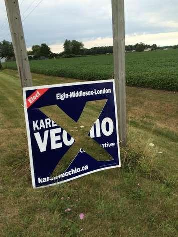 Photo of a damaged sign, courtesy of Bob Purcell wit the Karen Vecchio campaign. 