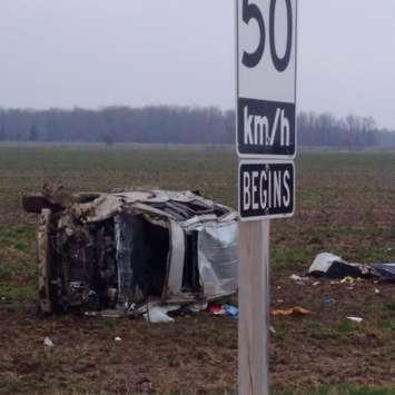 Police respond after a single vehicle crash at the intersection of Fingal Line and Currie Rd. south of Wallacetown, April 19, 2017. (Photo courtesy of the OPP via Twitter)