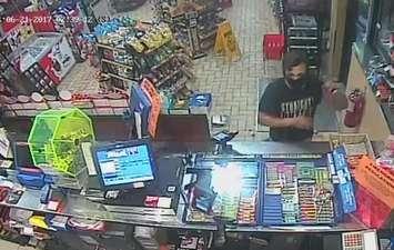 A surveillance image of one of two suspects wanted in connect to an armed robbery at the Mac’s convenience store in Mount Brydges, June 21, 2017. Photo courtesy of Strathroy-Caradoc police. 