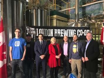 Federal and provincial governments make a 2.1M funding announcement at London Brewing Co-op, February 23, 2018. Photo courtesy of MPP Deb Matthews' Office.