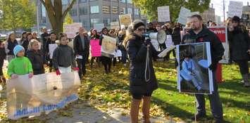 Londoner Jessica Ashton speaks at a rally for shorter wait times for autism service outside of Deb Matthews' office on Piccadilly St., November 8, 2017. (Photo by Miranda Chant, Blackburn News)