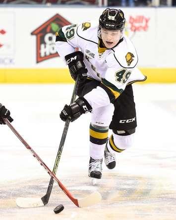 Max Jones of the London Knights. Jones was traded to the Kingston Frontenacs on January 7, 2018. (Photo courtesy of Aaron Bell via OHL Images)