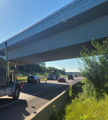 A dump truck hit the Adelaide Road overpass on highway 402 near Strathroy, August 9, 2022. Photo courtesy of Middlesex OPP.