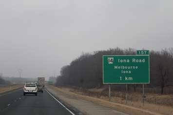 Iona Rd. exit sign on the Hwy. 401. (Photo by Matt Weverink)