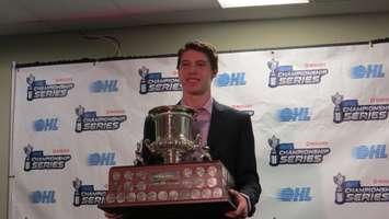 London Knights forward, Mitch Marner, holds the Red Tilson Trophy, May 3, 2016. (Photo by Miranda Chant, Blackburn News.)